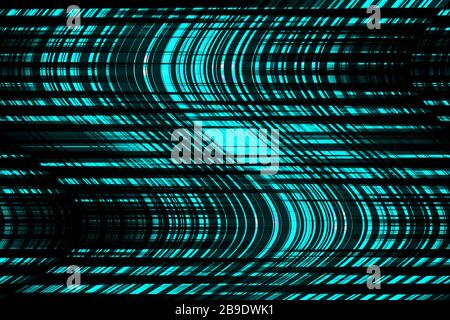 Muster mit blauen Wellenlinien. Helle glänzende Objekte auf dunklem Hintergrund Stockfoto