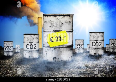FOTOMONTAGE, Tonnen mit Label CO2 und 25 Euro Preisschild, symbolisches Foto CO2-Beprägung und CO2-Steuer, FOTOMONTAGE, Tonnen mit Auftrag CO2 und 25-EU Stockfoto