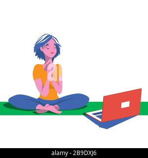 Yoga-Kurse zu Hause. Süße Figur Mädchen geht für Sport aus der Ferne über das Internet ein. Eine Frau beobachtet eine Reihe von Übungen online. Vektor illustrr Stock Vektor