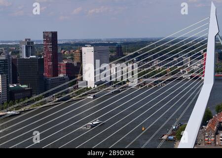 Luftaufnahme von Rotterdam durch den Pylon und die Kabel der Erasmusbrug, die an einem extrem klaren Tag über die Maas in die Innenstadt blicken Stockfoto