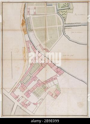 PLAN ZUR HERSTELLUNG VON GOBLIN UND UMGEBUNG "Plan de la fertile des Gobelins et de ses environs". Aquarelle, plume. Paris, musée Carnavalet. Stockfoto