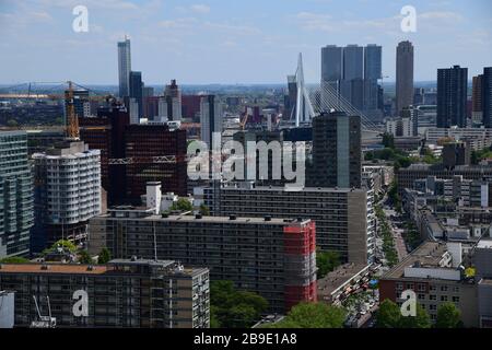 Konzentrierter Blick auf das Zentrum Rotterdams mit klarer Sicht auf Sehenswürdigkeiten wie den Erasmusbrug und das de Rotterdam-Gebäude Stockfoto