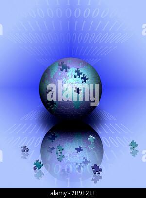 Planet Erde im Puzzle-Muster, Binärcode und Puzzleteile. Stockfoto
