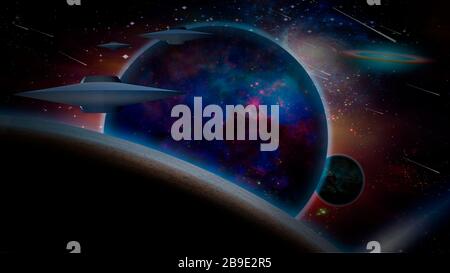 3D-Rendering von Raumschiffen in der Nähe der Planeten der Außerirdischen. Stockfoto