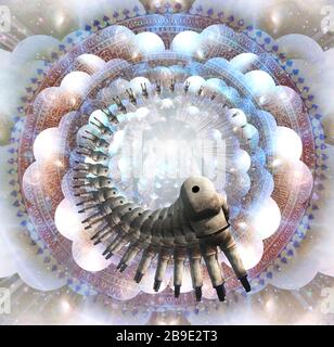 Strahlende Aura und Lichtstrahlen. Mandala. Spirale der Figur des Astronauten. Stockfoto