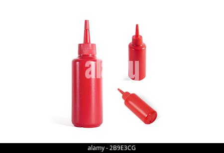 Rohling Red Squeeze Sauce Flasche Mockup, verschiedene Seiten Stockfoto