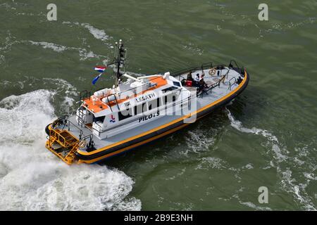 Gelbes Lotsboot von oben auf der Maas in Rotterdam Stockfoto