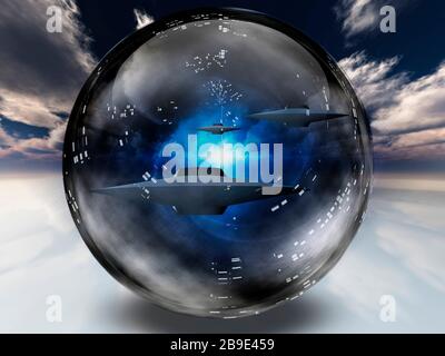 SCI-FI Kunst von UFO in Warp Sphere. Stockfoto