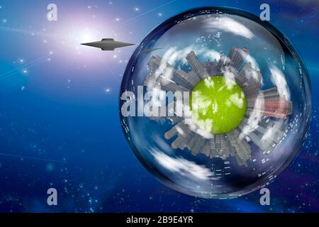 Fliegende Untertasse in der Nähe eines großen interstellaren Stadtschiffs. Stockfoto