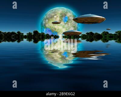Raumschiffe schweben über die Wasseroberfläche, mit terraformtem Mond am Horizont. Stockfoto