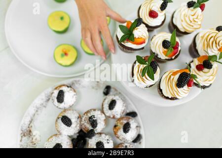 Platte mit frisch gebackenen süßen Muffins. Süße Gebäckstücke, Rezepte, Kochen. Stockfoto