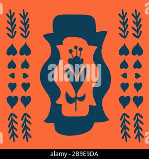 Frühlingsmode Kunst mit quadratischem Blumenmuster. Skandinavischer Stil mit traditionellen Formen in dunkelblau und orange Farben. Folklore Cliparts Elemente für Stock Vektor