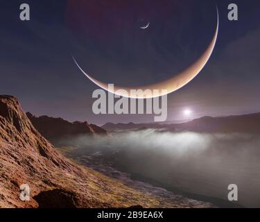 Ein Gasriese eines außerirdischen Sonnensystems hängt am Himmel eines seiner Monde.Â Stockfoto