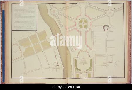 Berichte Marigny; Mr. Blondel-Projekt: Projektplan für den Standort und das Reiterstandbild von König Ludwig XV., im Jahre 1753 Jacques-François Blondel (1705-174). Recueil Marigny; projet de M. Blondl : Plan du projet pour la Place et Statue équestre du roi Louis XV, 1753. Paris, musée Carnavalet. Stockfoto