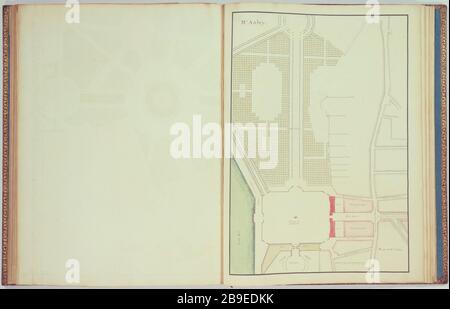 Berichte Marigny; Mr. Aubry Project: Projektplan für die Reiterstatue von Louis XV, im Jahre 1753 Jacques-François Blondel (1705-174) et Claude Guillot-Aubry (1702-707?), architectes français. Recueil Marigny; Projet de M. Aubry: Plan du projet pour la Statue équestre de Louis XV, 1753. Paris, musée Carnavalet. Stockfoto