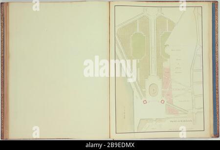 Berichte Marigny; Projekt M. Luzy: Projektplan für den Standort und das Reiterstandbild von König Ludwig XV., im Jahre 1753 Jacques Hardouin-Mansart de Sagonne (1711-788-177) und Augustin Luzy de Pellisac (1705-174), architectes français. Recueil Marigny; Projet de M. de Luzy: Plan du projet pour la Place et la Statue équestre du roi Louis XV, 1753. Paris, musée Carnavalet. Stockfoto