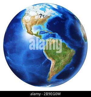 3D-Darstellung des Planeten Erde, zentriert auf Nord- und Südamerika. Stockfoto