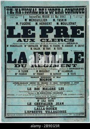 TH. NATIONAL OPERA-COMEDY, THE PRE IN CLERKS, GIRL REGIMENT Imprimerie Morris père et fils. "Th. National de l'Opéra-Comique, Le Pré aux Clercs, La Fille du Régiment'. Affiche. Typographie. Im Jahr 1887. Paris, musée Carnavalet. Stockfoto