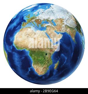 3D-Darstellung des Planeten Erde, zentriert auf Afrika, Asien und Europa. Stockfoto