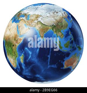 3D-Darstellung des Planeten Erde, zentriert auf Asien. Stockfoto