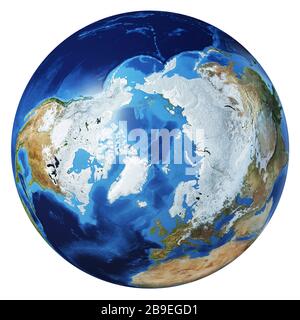 3D-Darstellung des Planeten Erde, zentriert auf Arktis und Nordpol. Stockfoto