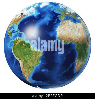 3D-Darstellung des Planeten Erde, zentriert auf dem Atlantik. Stockfoto
