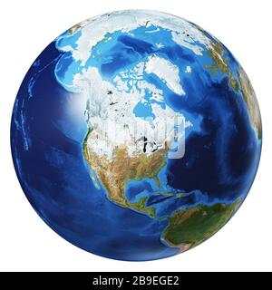 3D-Darstellung des Planeten Erde, zentriert auf Nordamerika. Stockfoto