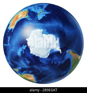 3D-Darstellung des Planeten Erde, zentriert auf dem Südpol. Stockfoto