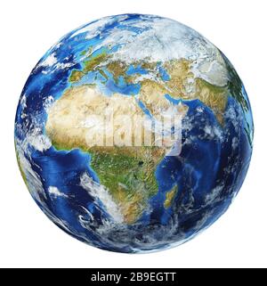 3D-Darstellung des Planeten Erde, zentriert auf Afrika und Europa. Stockfoto