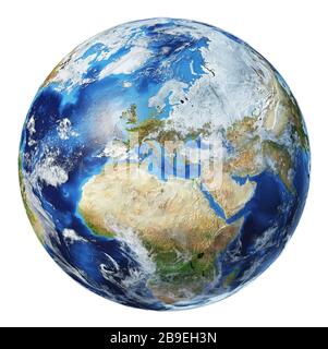 3D-Darstellung des Planeten Erde, zentriert auf Europa. Stockfoto