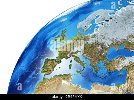 Detaillierte Erdglobus-Nahaufnahme von Europa. Stockfoto