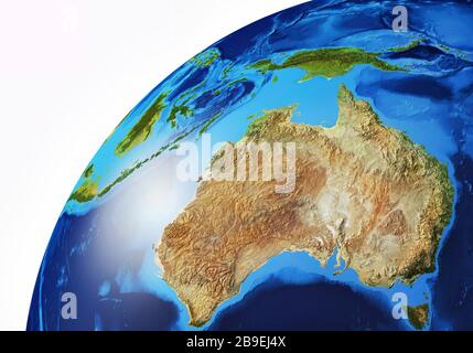 Detaillierte Erdglobus-Nahaufnahme von Australien und Ozeanien. Stockfoto