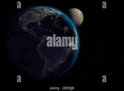 Planet Erde mit Sonnenaufgang im Weltraum, Beleuchtung in der Stadt und Mond. Ansicht Nord- und Südamerika. Stockfoto