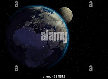 Planet Erde mit Sonnenaufgang im Weltraum, Beleuchtung in der Stadt und Mond. Europa, Asien und Afrika. Stockfoto