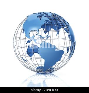 3D stilisierter Erdglobus mit Metallgitter, Nord- und Südamerika Ansicht. Stockfoto