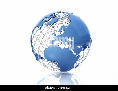 3D-stilisierter Erdball mit Metallgitter, Blick auf Europa. Stockfoto