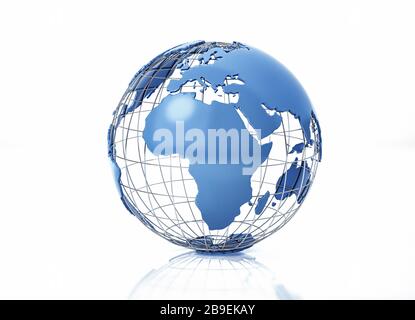 3D-stilisierter Erdglobus mit Metallgitter, Blick auf Asien. Stockfoto