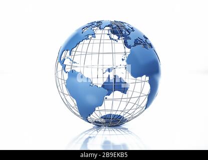 3D stilisierter Erdglobus mit Metallgitter, Blick auf den Atlantik. Stockfoto