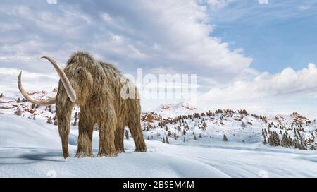 Wolliges Mammut in einer winterlichen Szene-Umgebung. Stockfoto