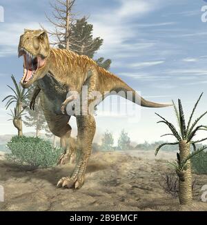 Dinosaurier T-Rex, der in einer prähistorischen Umgebung läuft. Stockfoto