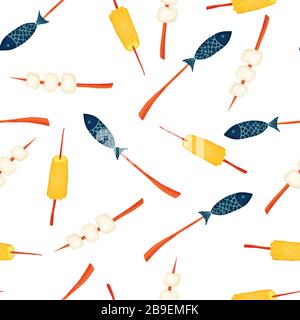 Lagerfeuer Snacks nahtloses Vektormuster. Wiederholter Hintergrund mit handgezogenem Mais auf einem Kob, Fisch auf einem Stock, geröstete Marshmallows. Campingkost Stock Vektor