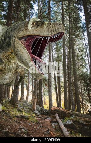 3D-Darstellung eines Dinosauriers aus der Nähe von T-Rex, der in einem Nadelwald brüllt. Stockfoto