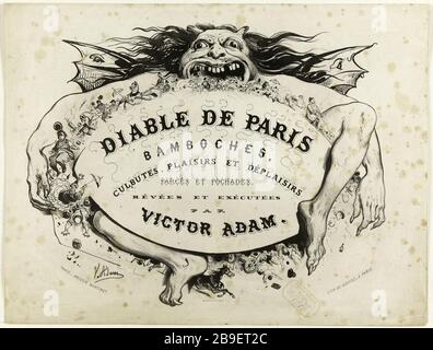 Deckblatt. Teufel Paris: Sprees, Someraults, Vergnügungen und Missfallen. Witze und Pochaden, von Victor Adam geträumt und hingerichtet. Jean-Victor Adam, Dit Victor Adam (1801-1866). Seitendecouture. "Le 'Diable de Paris'": Bamboches, Kulte, Plaisirs et déplaisirs. Farces et Pochades, rêvées et exécutées par Jean-Victor Adam, dit Victor Adam (1801-1866). Lithographie au pinceau et au crayon. Paris, musée Carnavalet. Stockfoto