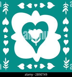 Frühling Folk Doodle Art Square Kachel. Skandinavischer Blumenstil mit traditionellen geometrischen Formen in festlichen Grün- und Weißtönen. Folklore Cliparts Stock Vektor