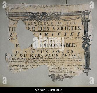 THEATER-VARIETY, DIE BEIDEN SCHWESTERN - THEATER-VARIETY, ZWEI SCHWESTERN Pierre-Nicolas Delormel ou de Lormel. Théâtre des Variétés, Les Deux Soeurs. Affiche. Tiefdruck sur bois, 1785-1. Paris, musée Carnavalet. Stockfoto