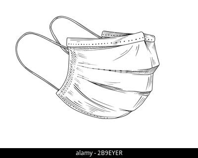 Chirurgische, medizinische Gesichtsmaske zum Schutz von durch die Luft übertragenen Krankheiten und Viren. Coronavirus. Schutz vor Luftverschmutzung. Vektorgrafiken im Skizzenstil. Stock Vektor