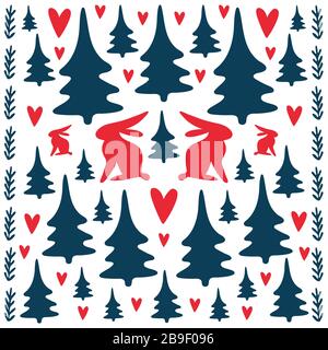 Fröhliche Weihnachten Folk Kunst-Platz-Kachel. Hasen im Wald. Spiegelbild. Rot und tiefblau. Skandinavischer Stil mit Kaninchen und Tannen. Folklore Stock Vektor