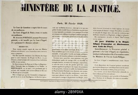 MINISTERIUM DER JUSTIZ, DER OBERSTE GERICHTSHOF HAT GESTERN WÄHREND DER ANHÖRUNGEN ... M. AUGUSTUS PORTALIS, ERNANNTER STAATSANWALT WURDE VOM BERUFUNGSGERICHT INSTALLIERT ... - MINISTERIUM DER JUSTIZ, DER OBERSTE GERICHTSHOF HAT GESTERN WÄHREND DER ANHÖRUNGEN ÜBERNOMMEN ... M. AUGUSTUS PORTALIS, ERNANNTER STAATSANWALT WURDE VOM BERUFUNGSGERICHT INSTALLIERT .. Boucquin. Ministère de la Justice, La Cour de Cassation a repris hier le cours de ses publices...M. "Die neue", "Augustine Portalis", "nommé procureur général", "La sour d'Appel" Affiche. Typographie, 1848. Paris, musée Carnavalet. Stockfoto