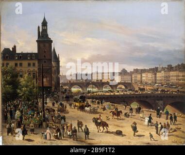 Der Blumenmarkt, der Uhrturm, die Pont au Change und die Pont Neuf Giuseppe Canella (1788-1847). "Le marché aux fleurs, la Tour de l'Horloge, le Pont au change et le Pont-Neuf", 1832. Huile sur toile. Paris, musée Carnavalet. Stockfoto