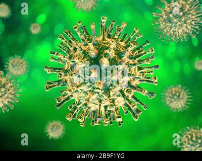 3D-Darstellung eines farbigen Coronavirus auf grünem Hintergrund. Stockfoto